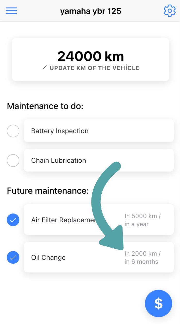 MotorApp view showing an oil change and its related tutorial