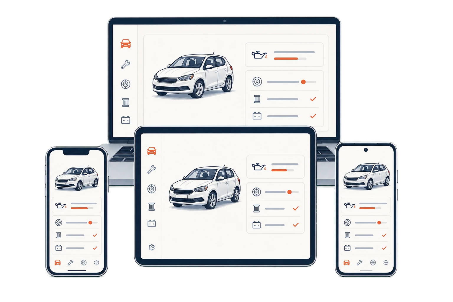 MotorApp running on an iPhone, an Android phone, an iPad, a tablet, and a computer